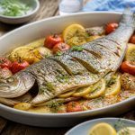 Filet de poisson au four doré avec tomates cerises, citron et herbes de Provence dans un plat en céramique