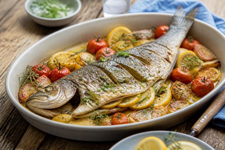 Filet de poisson au four doré avec tomates cerises, citron et herbes de Provence dans un plat en céramique