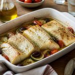 Filet de poisson blanc au four dans un plat en céramique avec tomates cerises, citron et herbes fraîches sur une table en bois
