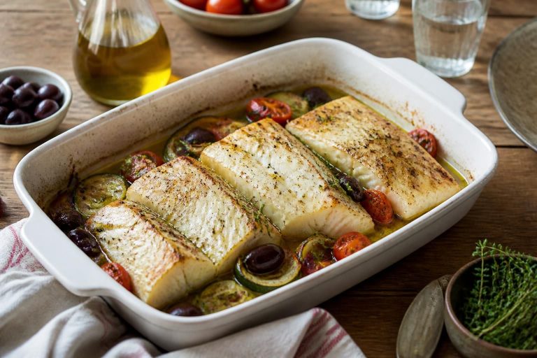 Filet de poisson blanc au four dans un plat en céramique avec tomates cerises, citron et herbes fraîches sur une table en bois