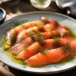 Saumon gravlax tranché finement sur une planche en bois, garni d'aneth frais, de baies roses et de zeste de citron, avec une sauce moutarde-aneth dans un bol en grès