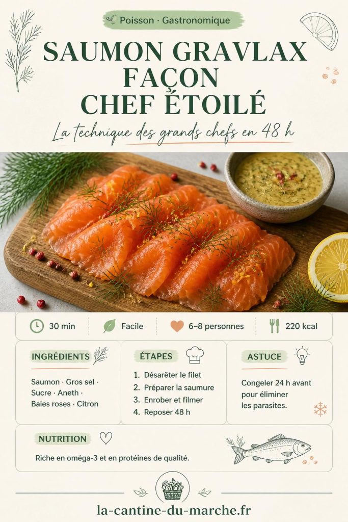 Saumon gravlax façon chef étoilé tranché sur planche en bois avec aneth frais, baies roses et sauce moutarde-aneth