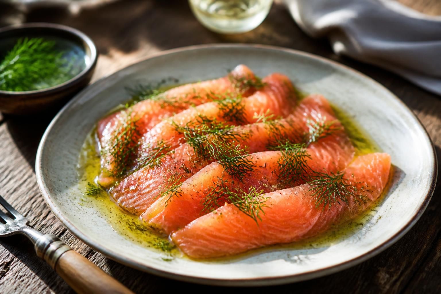 Saumon gravlax tranché finement sur une planche en bois, garni d'aneth frais, de baies roses et de zeste de citron, avec une sauce moutarde-aneth dans un bol en grès