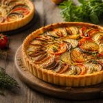 Tarte aux légumes maison dorée au four, garnie de courgettes, aubergines et tomates avec une pâte brisée croustillante