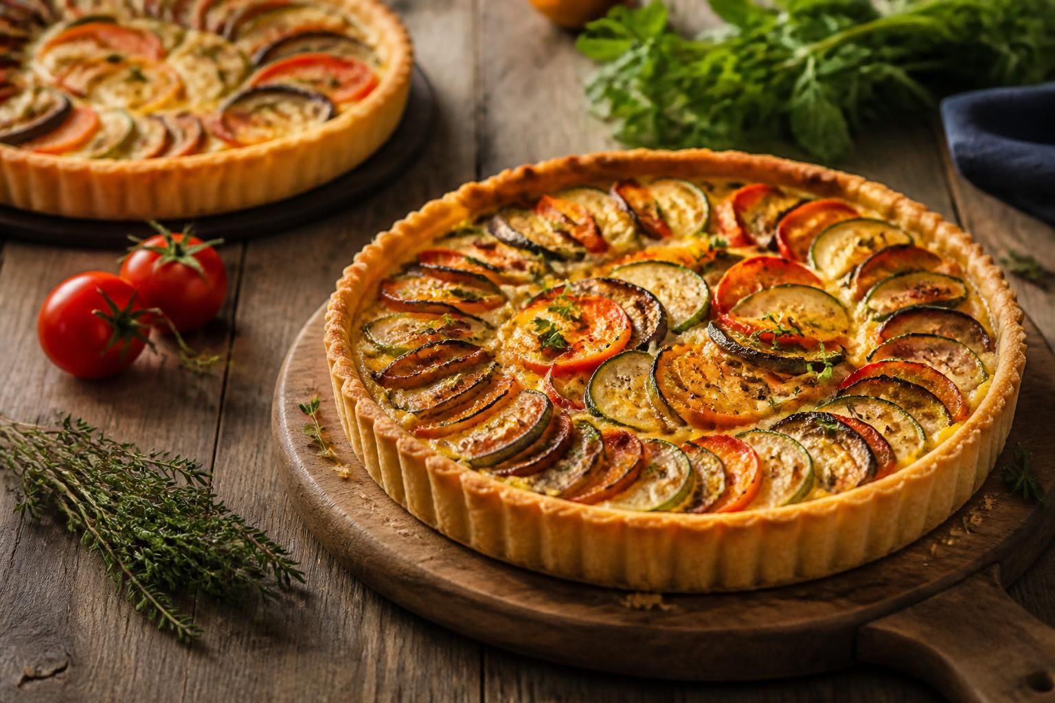 Tarte aux légumes maison dorée au four, garnie de courgettes, aubergines et tomates avec une pâte brisée croustillante