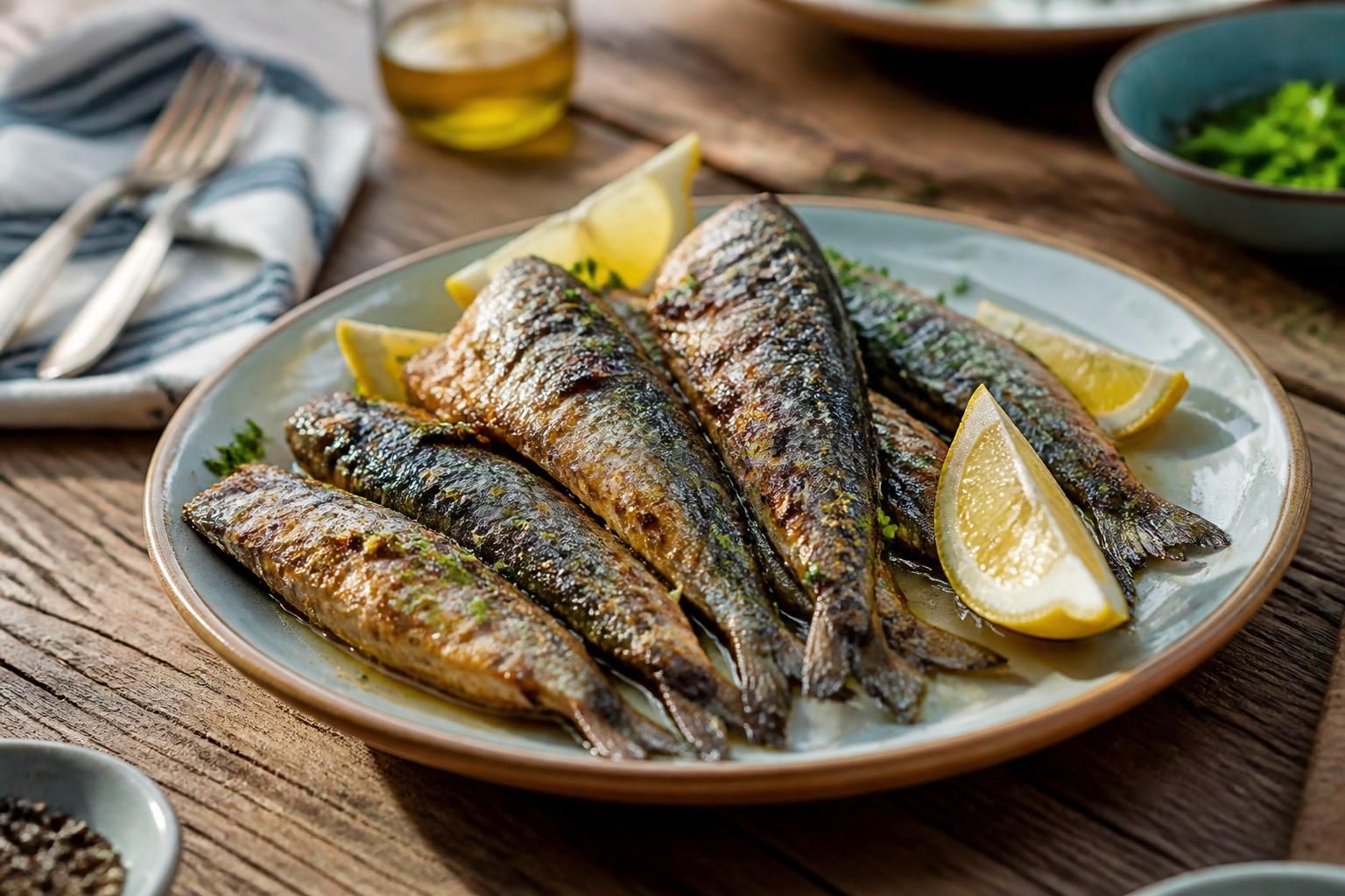 Sardines fraîches au four dorées, disposées dans un plat en céramique avec des rondelles de citron, de l'huile d'olive et des herbes de Provence