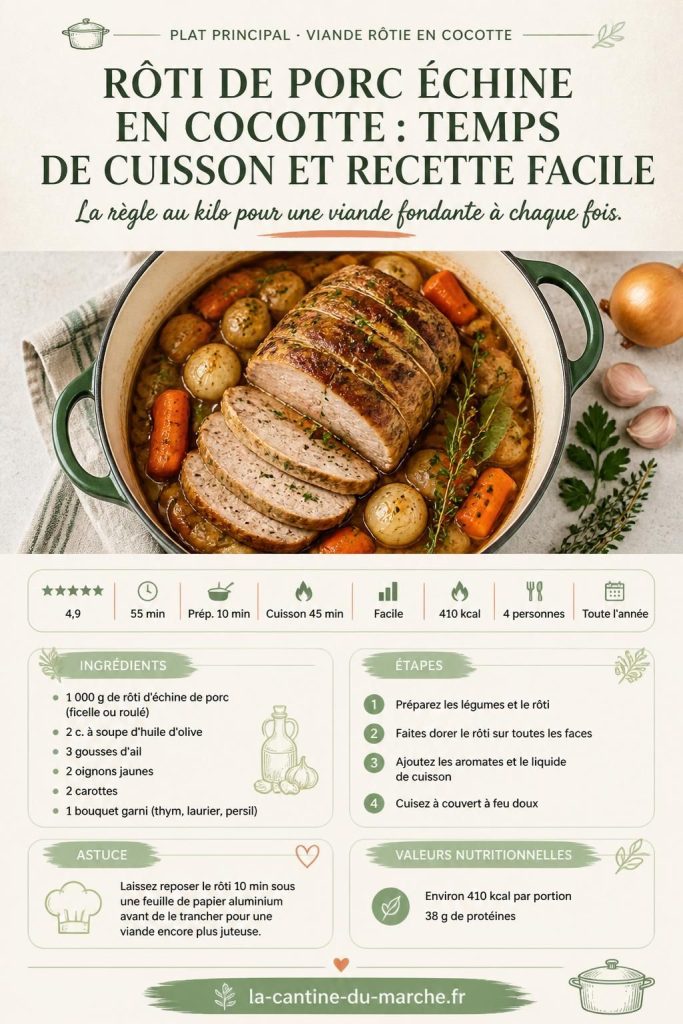 Rôti de porc échine en cocotte fonte, carottes et oignons confits, jus ambré — recette facile et temps de cuisson