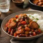 Rougail saucisse aux haricots rouges servi dans une cocotte en fonte, sauce tomate épicée, accompagné de riz blanc vapeur