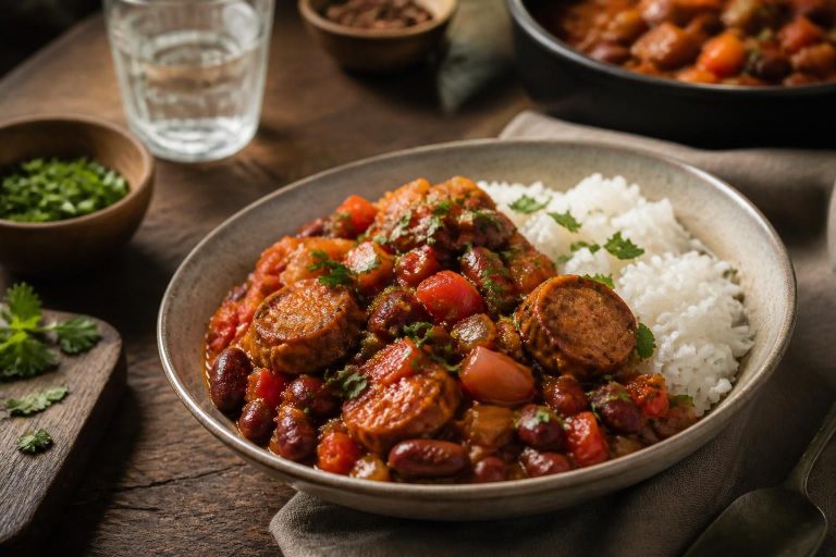 Rougail saucisse aux haricots rouges servi dans une cocotte en fonte, sauce tomate épicée, accompagné de riz blanc vapeur