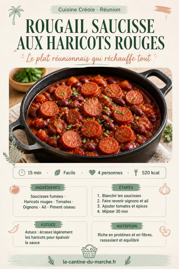 Rougail saucisse aux haricots rouges créole en cocotte avec riz blanc, recette réunionnaise