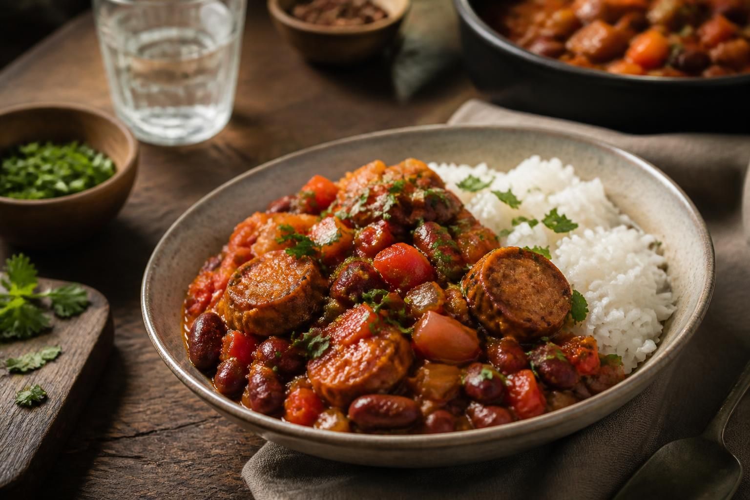 Rougail saucisse aux haricots rouges servi dans une cocotte en fonte, sauce tomate épicée, accompagné de riz blanc vapeur