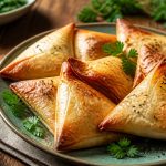 Samoussas au four croustillants et dorés sur une plaque, servis à l'apéritif avec une sauce au yaourt