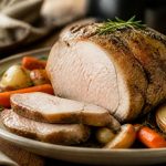 Rôti de veau au four doré et fondant, tranché sur une planche en bois avec du thym frais et des gousses d'ail rôties