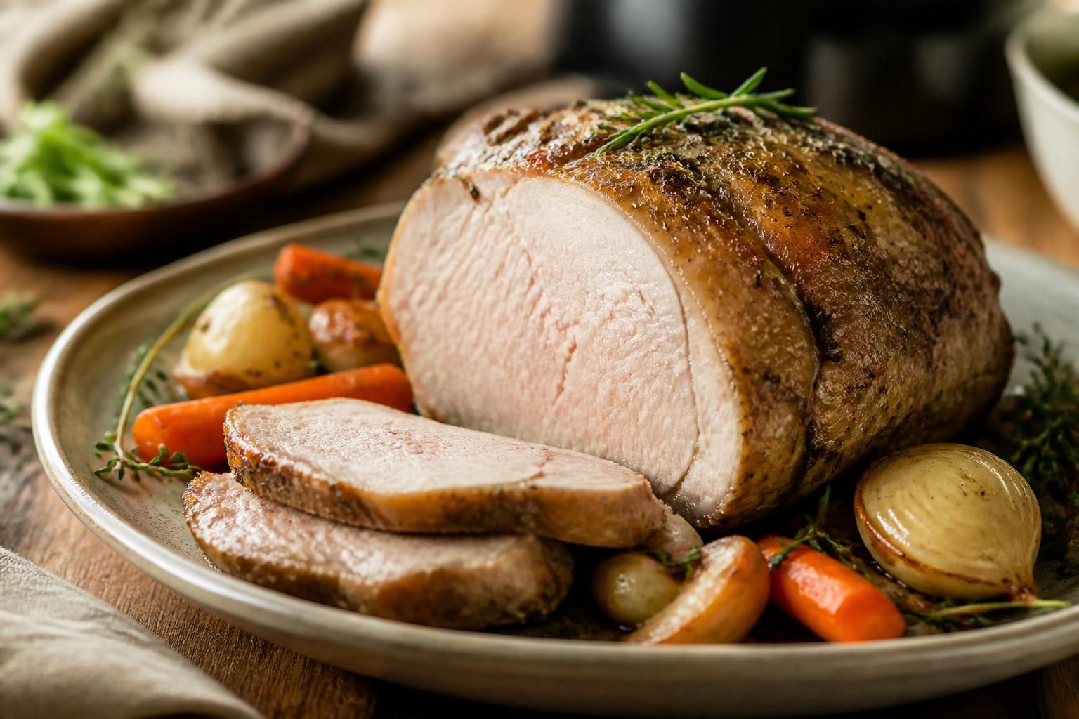 Rôti de veau au four doré et fondant, tranché sur une planche en bois avec du thym frais et des gousses d'ail rôties