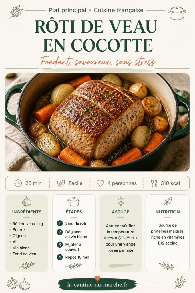 Rôti de veau en cocotte en fonte, doré et fondant, avec son jus de cuisson et des herbes fraîches