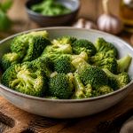 Fleurettes de brocoli vapeur dans un panier, cuites à la cocotte-minute, vertes et croquantes, servies avec un filet d'huile d'olive