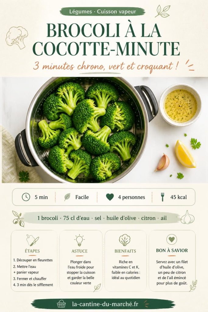 Brocoli vapeur à la cocotte-minute : fleurettes vertes et croquantes sur fond blanc, filet d'huile d'olive