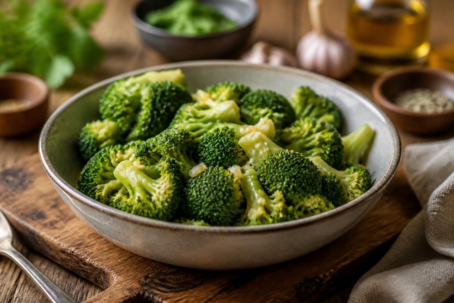 Fleurettes de brocoli vapeur dans un panier, cuites à la cocotte-minute, vertes et croquantes, servies avec un filet d'huile d'olive