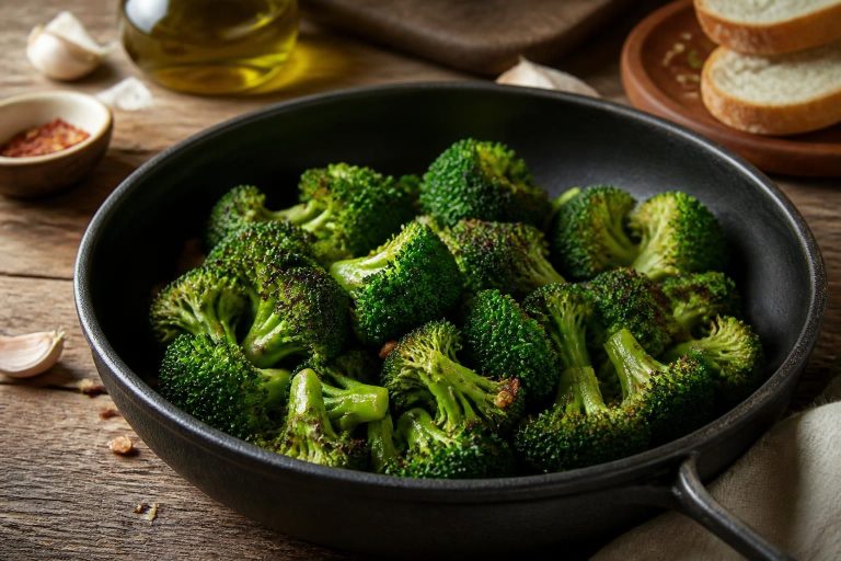 Brocolis à la poêle dorés et croquants, assaisonnés à l'ail et à l'huile d'olive, servis dans une poêle en inox sur une table en bois clair