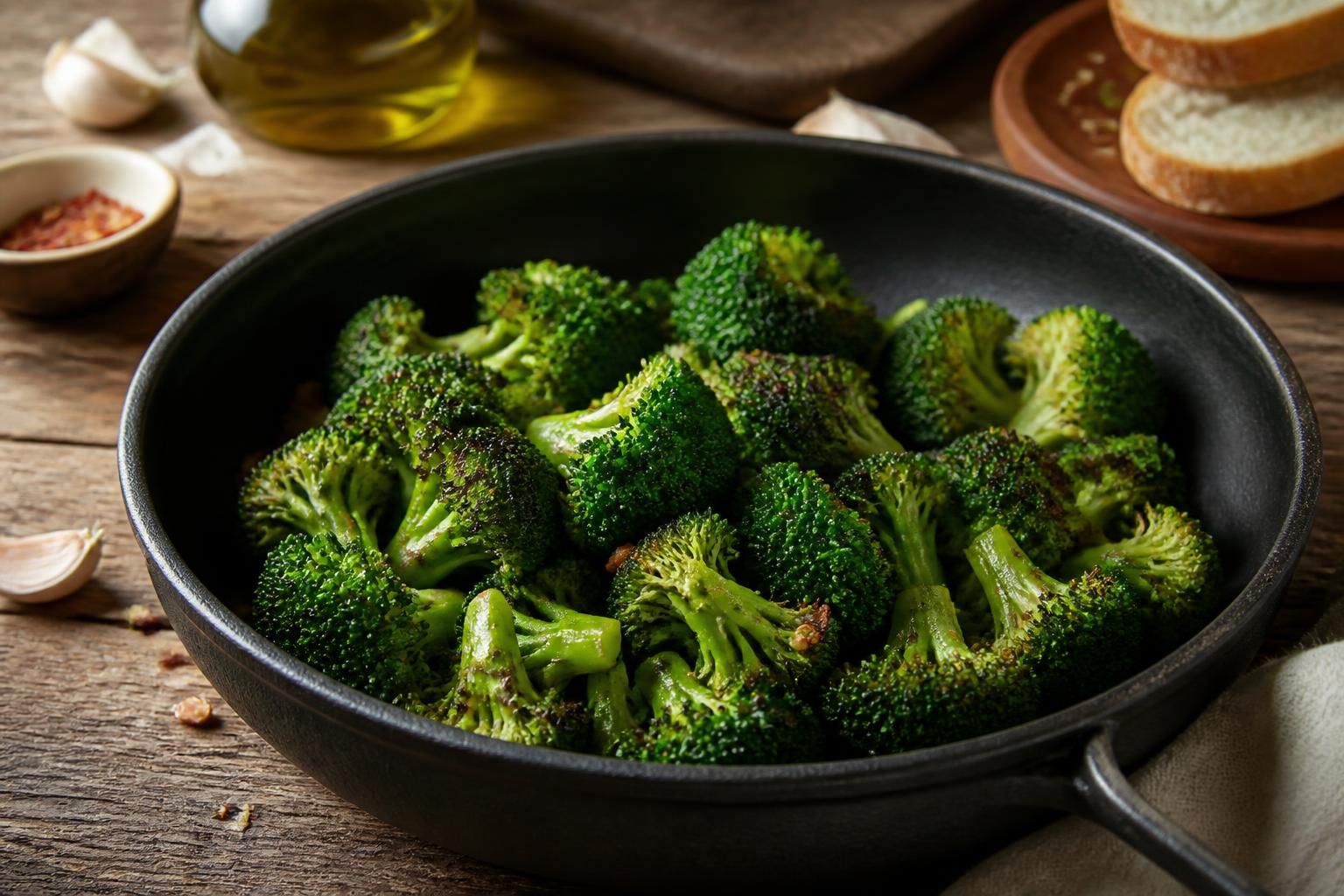 Brocolis à la poêle dorés et croquants, assaisonnés à l'ail et à l'huile d'olive, servis dans une poêle en inox sur une table en bois clair