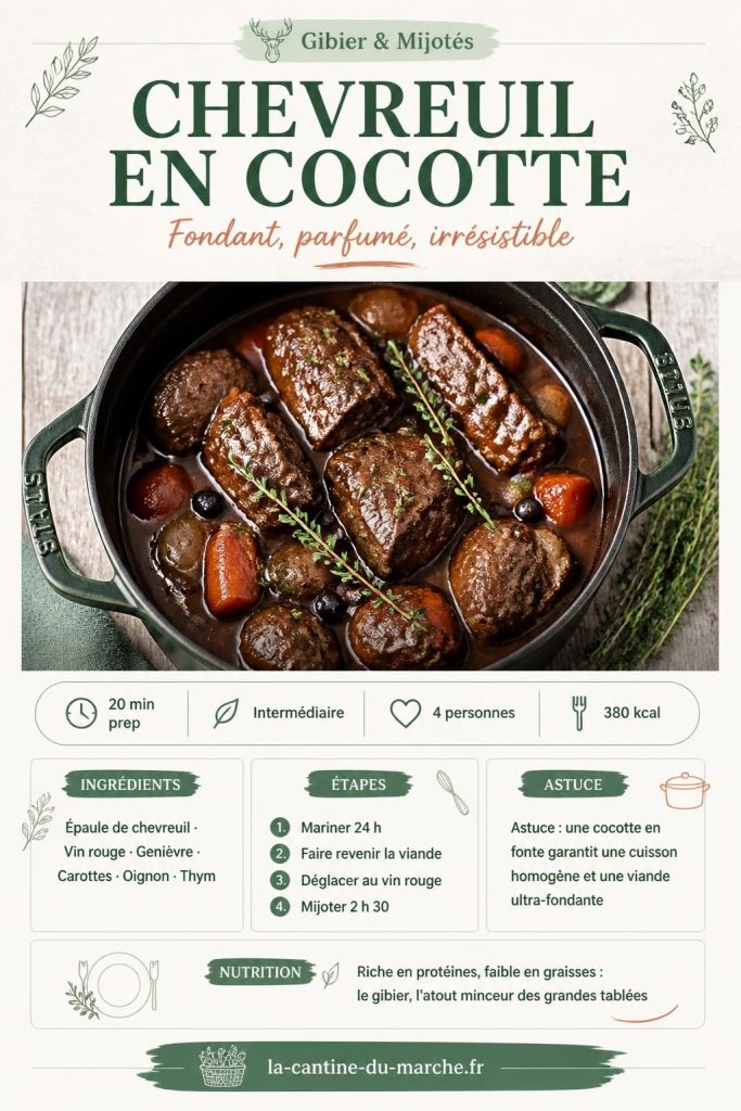 Recette de chevreuil en cocotte mijoté au vin rouge avec genièvre et thym