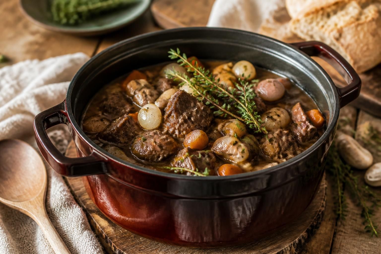 Chevreuil en cocotte en fonte mijoté au vin rouge avec baies de genièvre, carottes et thym, servi avec une purée de céleri