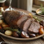 Cuissot de chevreuil au four en cuisson lente, nappé de sa sauce au fond de gibier, servi sur un plat en fonte avec herbes aromatiques et airelles