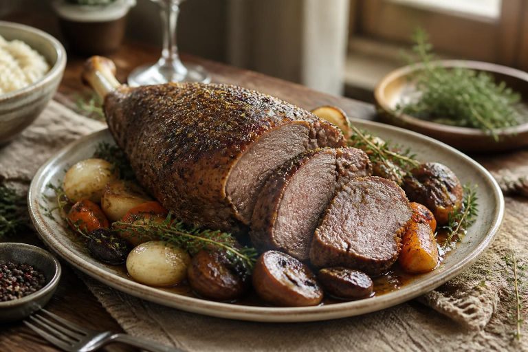 Cuissot de chevreuil au four en cuisson lente, nappé de sa sauce au fond de gibier, servi sur un plat en fonte avec herbes aromatiques et airelles