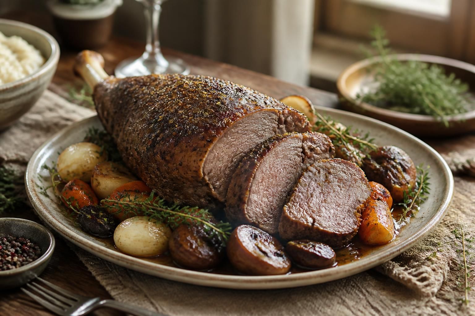 Cuissot de chevreuil au four en cuisson lente, nappé de sa sauce au fond de gibier, servi sur un plat en fonte avec herbes aromatiques et airelles