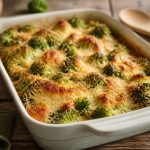 Gratin de brocolis sans béchamel doré au four, servi dans un plat à gratin en céramique blanc, fromage gratiné et brocolis fondants visibles