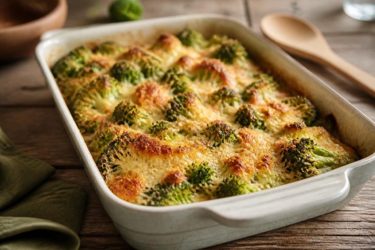 Gratin de brocolis sans béchamel doré au four, servi dans un plat à gratin en céramique blanc, fromage gratiné et brocolis fondants visibles