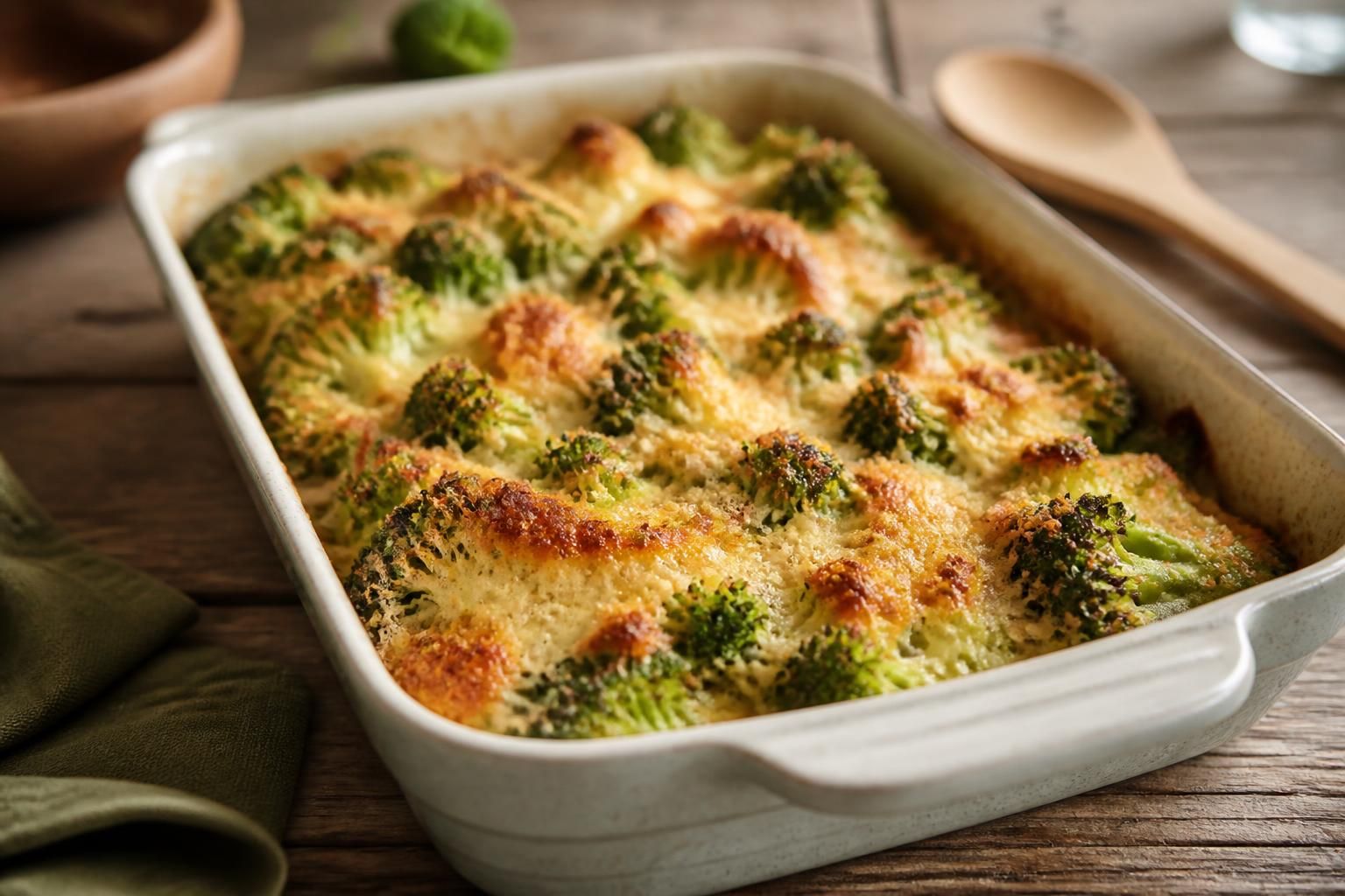 Gratin de brocolis sans béchamel doré au four, servi dans un plat à gratin en céramique blanc, fromage gratiné et brocolis fondants visibles