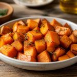 Tranches de patate douce poêlées dorées dans une poêle en fonte avec de l'huile d'olive, de l'ail et du romarin frais