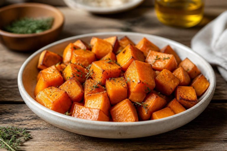 Tranches de patate douce poêlées dorées dans une poêle en fonte avec de l'huile d'olive, de l'ail et du romarin frais