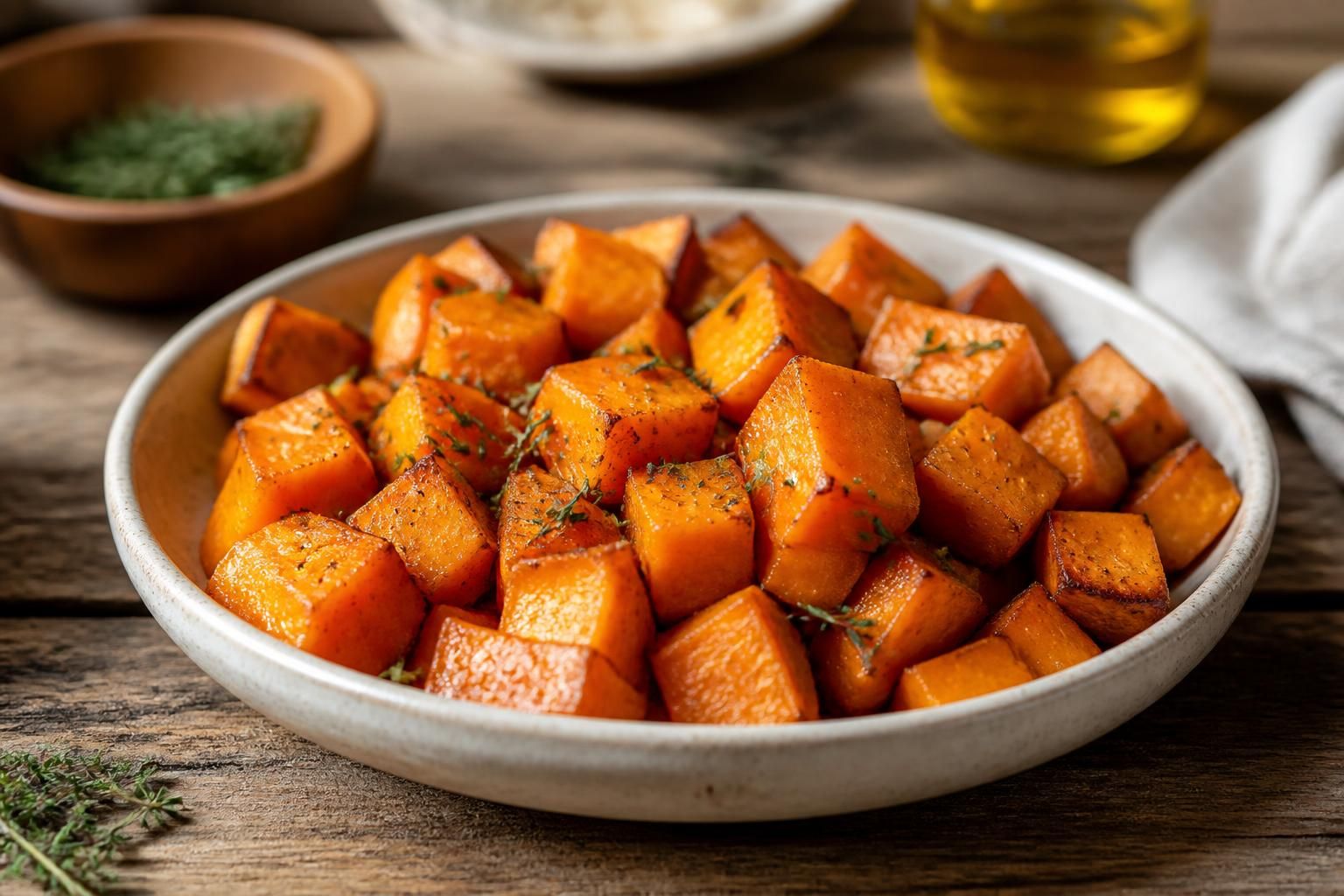 Tranches de patate douce poêlées dorées dans une poêle en fonte avec de l'huile d'olive, de l'ail et du romarin frais