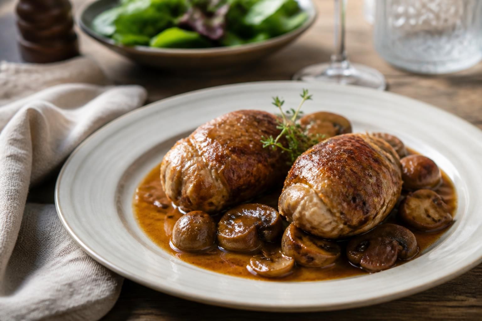 Crépinettes de porc maison dorées à la poêle, servies avec une purée de pommes de terre et du persil frais