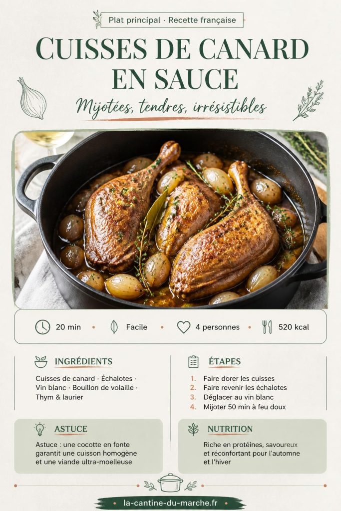 Cuisses de canard en sauce mijotée dans une cocotte en fonte avec échalotes et thym
