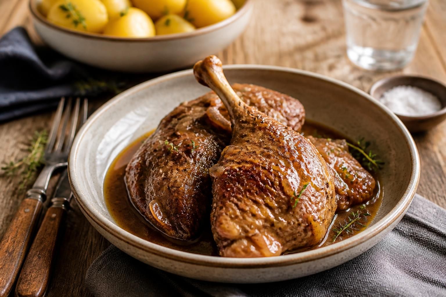 Cuisses de canard en sauce mijotée dans une cocotte en fonte, entourées d'échalotes fondantes et de thym frais, sur une table en bois rustique