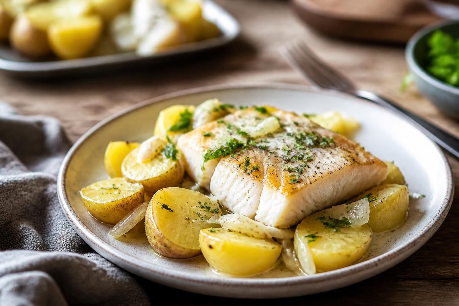Recette de haddock fumé aux pommes de terre pochées au lait, dressée dans une assiette creuse avec sauce et ciboulette fraîche