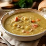Soupe de pois cassés à l'ancienne dans un bol en grès, avec des lardons dorés et un filet de crème fraîche, sur une table en bois rustique