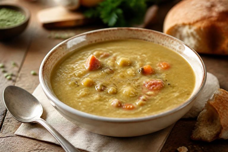 Soupe de pois cassés à l'ancienne dans un bol en grès, avec des lardons dorés et un filet de crème fraîche, sur une table en bois rustique