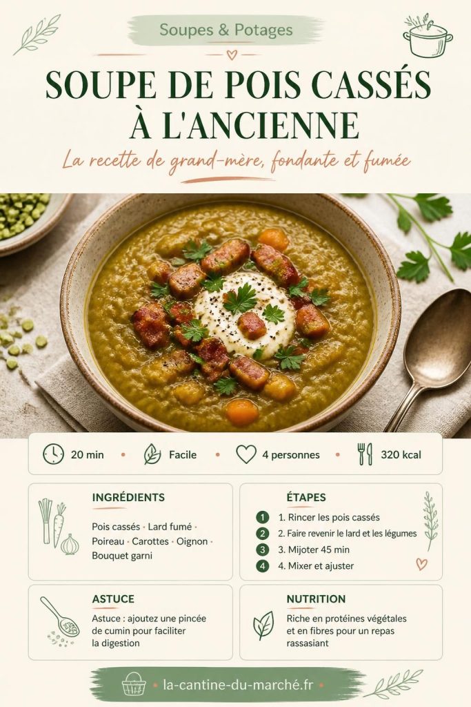 Soupe de pois cassés à l'ancienne dans un bol rustique, lardons dorés et crème fraîche