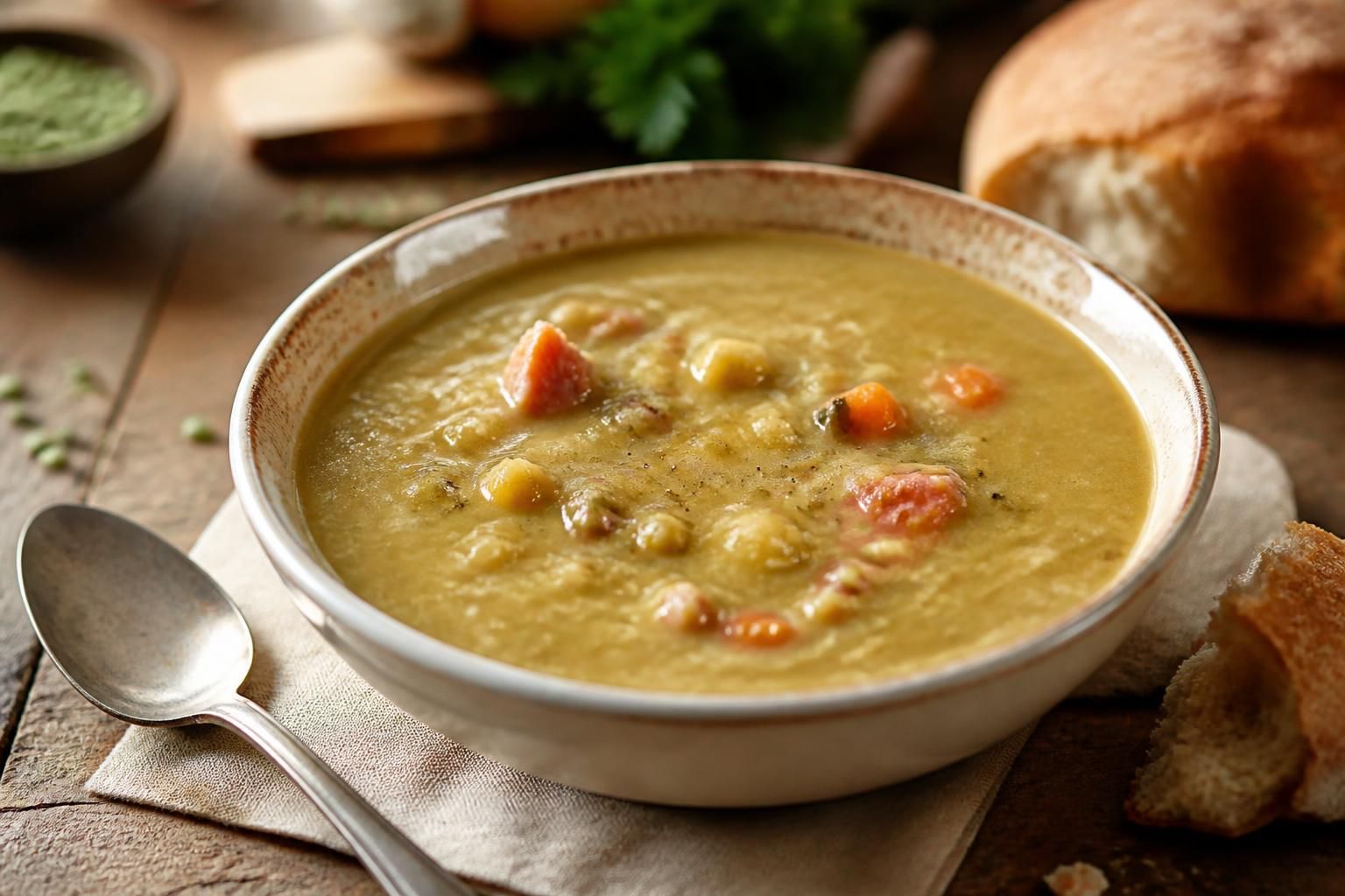 Soupe de pois cassés à l'ancienne dans un bol en grès, avec des lardons dorés et un filet de crème fraîche, sur une table en bois rustique