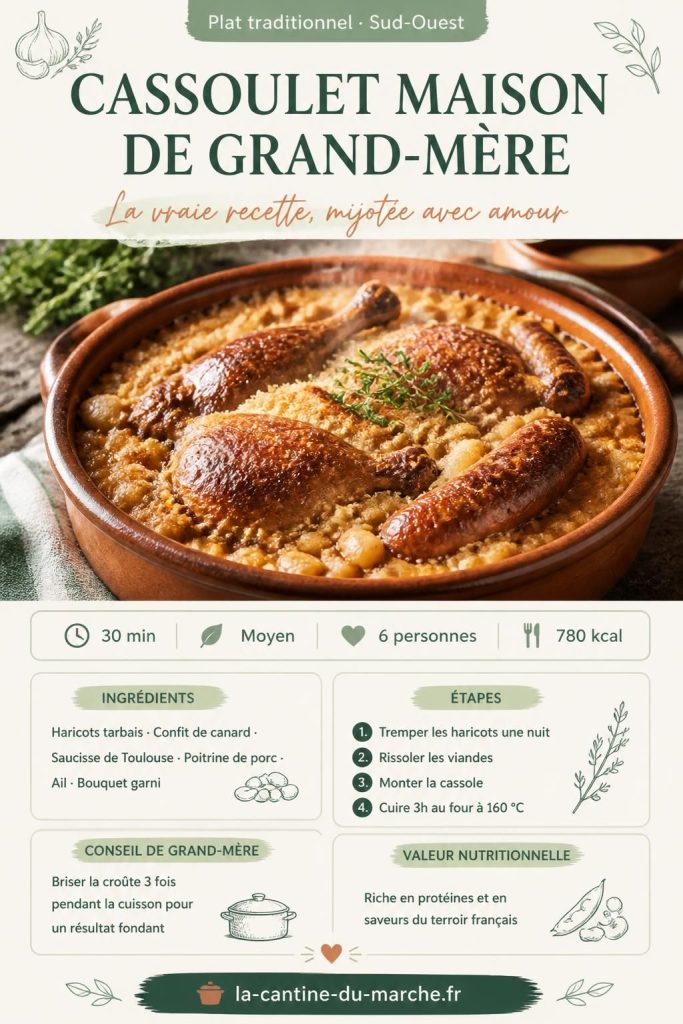 Cassoulet maison façon grand-mère dans une cassole en terre cuite, croûte dorée, haricots tarbais et confit de canard