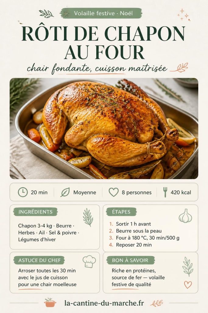 Rôti de chapon au four doré, entier sur grille, avec légumes d'hiver et jus de cuisson ambré