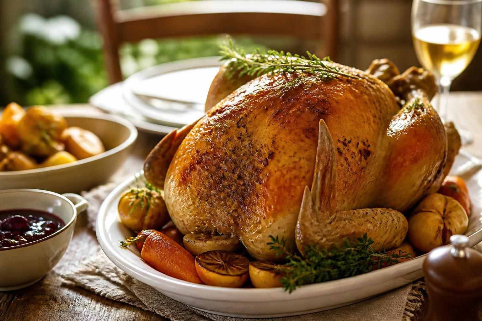 Rôti de chapon doré au four, posé sur une grille avec des légumes d'hiver et du jus de cuisson ambré
